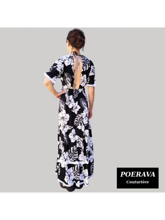 Robe tahitienne artisanale de couturière motifs  Hibiscus et feuillage noir