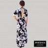 Robe tahitienne artisanale de couturière motifs  Hibiscus et feuillage noir