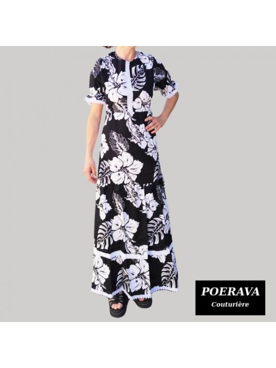 Robe tahitienne artisanale de couturière motifs  Hibiscus et feuillage noir