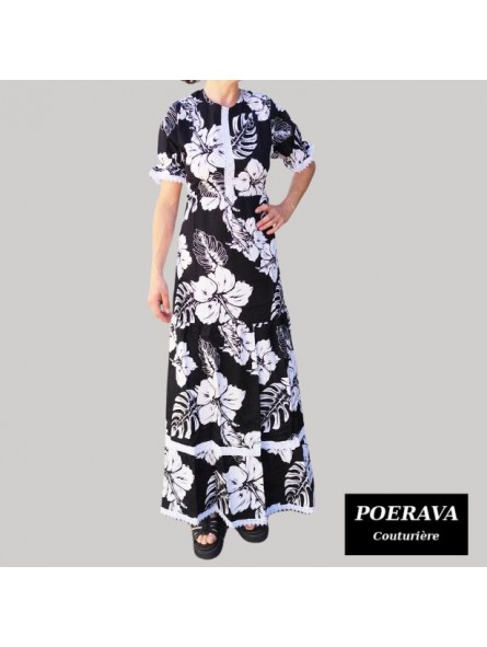 Robe tahitienne artisanale de couturière motifs  Hibiscus et feuillage noir