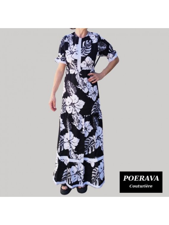 Robe tahitienne artisanale de couturière motifs  Hibiscus et feuillage noir