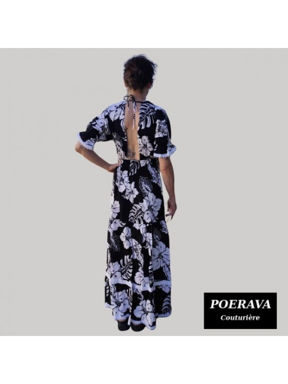 Robe tahitienne artisanale de couturière motifs  Hibiscus et feuillage noir