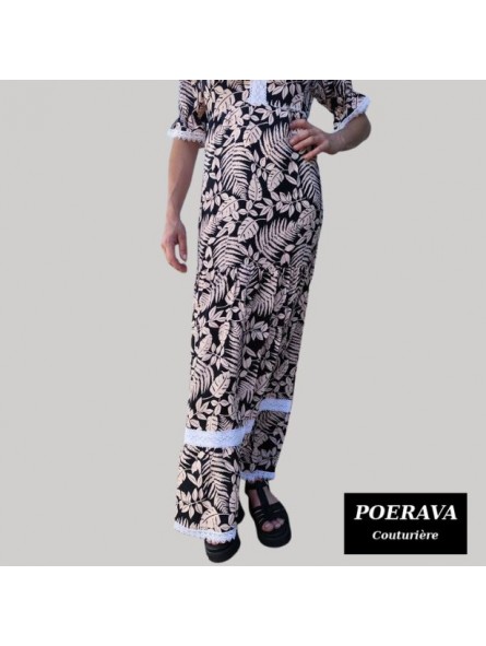 Robe tahitienne artisanale de couturière motifs feuillage  tropical noir