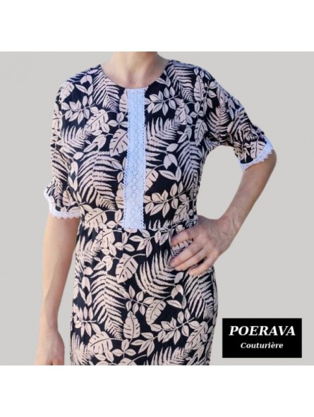 Robe tahitienne artisanale de couturière motifs feuillage  tropical noir