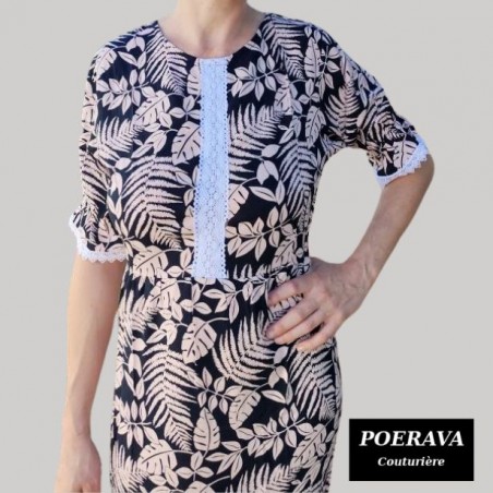 Robe tahitienne artisanale de couturière motifs feuillage  tropical noir