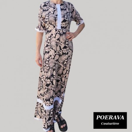 Robe tahitienne artisanale de couturière motifs feuillage  tropical noir
