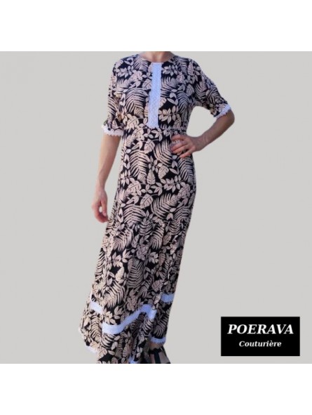 Robe tahitienne artisanale de couturière motifs feuillage  tropical noir