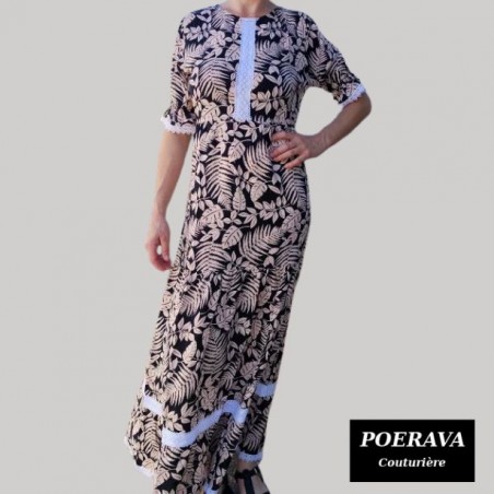 Robe tahitienne artisanale de couturière motifs feuillage  tropical noir
