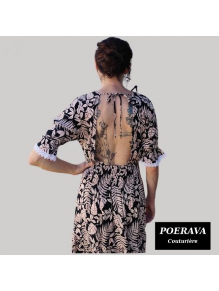 Robe tahitienne artisanale de couturière motifs feuillage  tropical noir