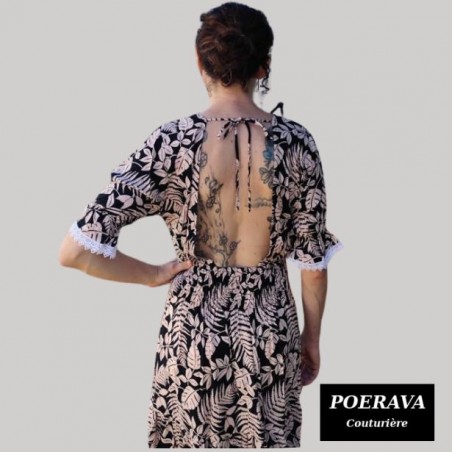 Robe tahitienne artisanale de couturière motifs feuillage  tropical noir