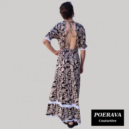 Robe tahitienne artisanale de couturière motifs feuillage  tropical noir