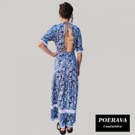 Robe tahitienne artisanale de couturière motifs feuillage  tropical bleu