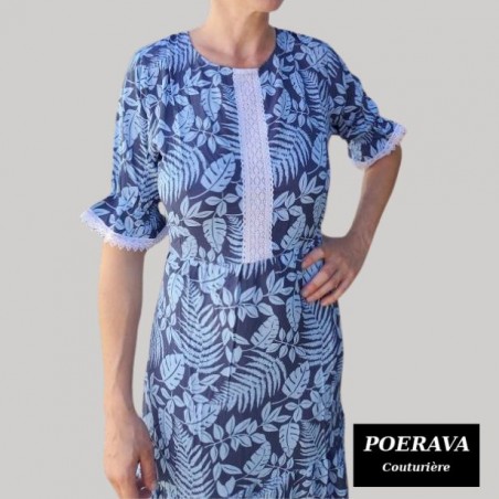 Robe tahitienne artisanale de couturière motifs feuillage  tropical bleu