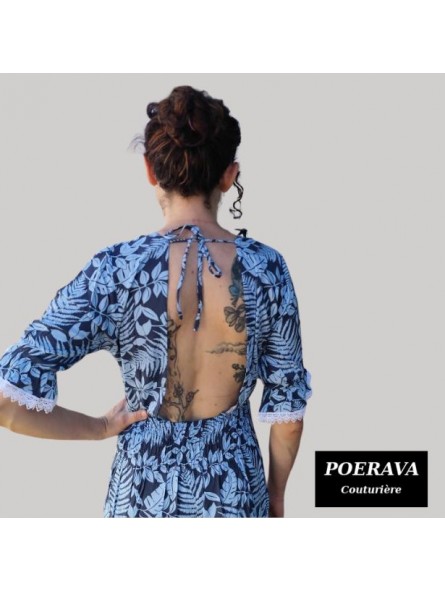 Robe tahitienne artisanale de couturière motifs feuillage  tropical bleu