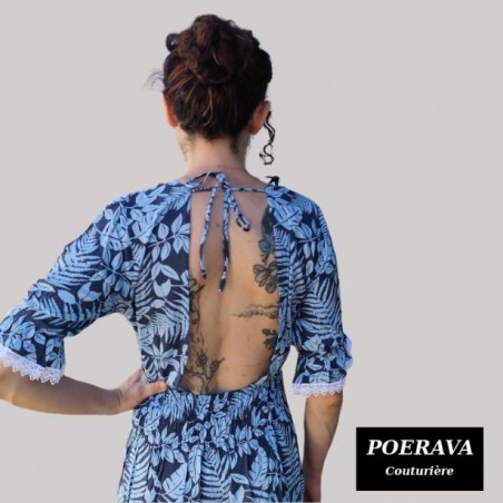 Robe tahitienne artisanale de couturière motifs feuillage  tropical bleu