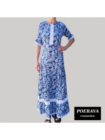 Robe tahitienne artisanale de couturière motifs feuillage  tropical bleu