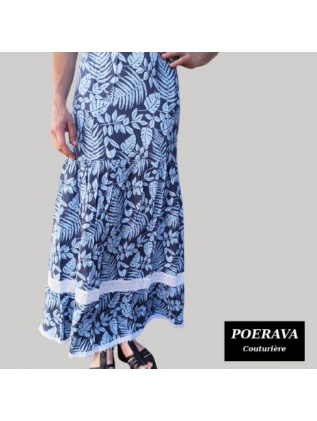 Robe tahitienne artisanale de couturière motifs feuillage  tropical bleu
