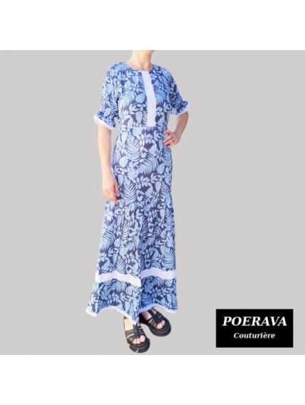 Robe tahitienne artisanale de couturière motifs feuillage  tropical bleu