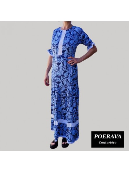Robe tahitienne artisanale de couturière motifs feuillage  tropical bleu