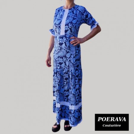 Robe tahitienne artisanale de couturière motifs feuillage  tropical bleu