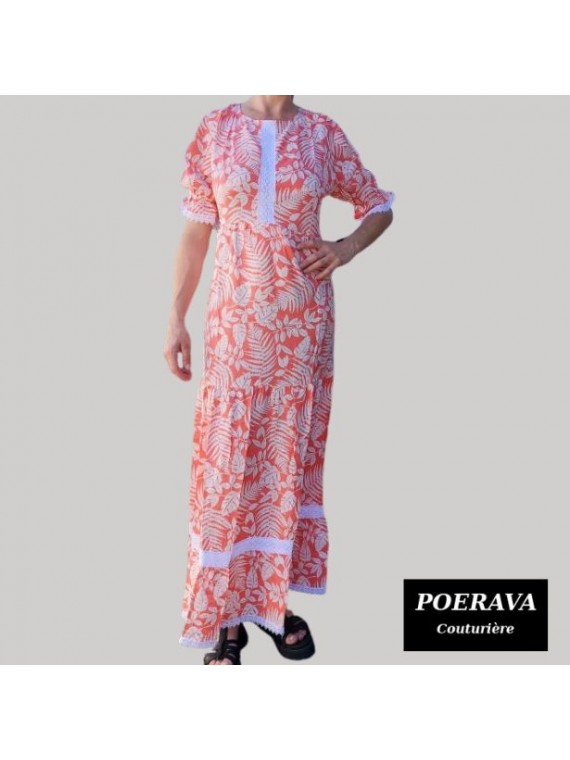 Robe tahitienne artisanale de couturière motifs feuillage  tropical rouge saumoné