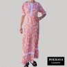 Robe tahitienne artisanale de couturière motifs feuillage  tropical rouge saumoné