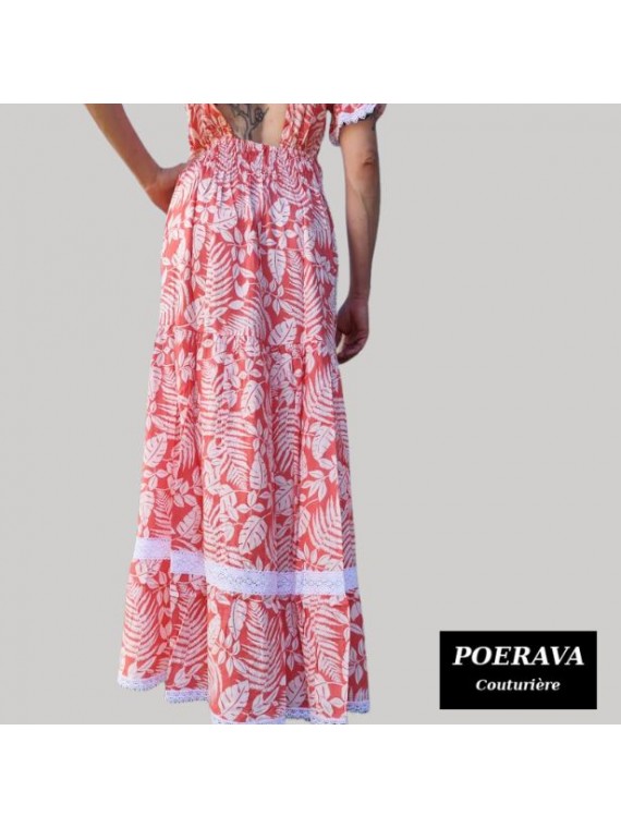 Robe tahitienne artisanale de couturière motifs feuillage  tropical rouge saumoné