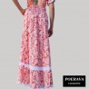 Robe tahitienne artisanale de couturière motifs feuillage  tropical rouge saumoné