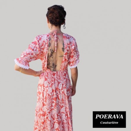 Robe tahitienne artisanale de couturière motifs feuillage  tropical rouge saumoné