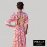 Robe tahitienne artisanale de couturière motifs feuillage  tropical rouge saumoné