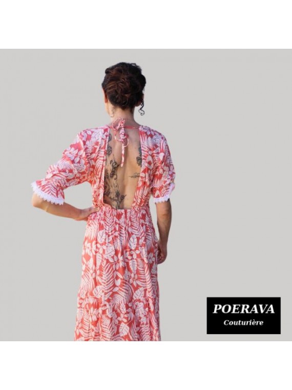 Robe tahitienne artisanale de couturière motifs feuillage  tropical rouge saumoné