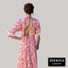 Robe tahitienne artisanale de couturière motifs feuillage  tropical rouge saumoné