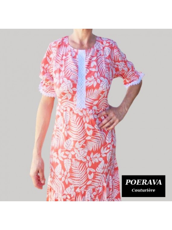 Robe tahitienne artisanale de couturière motifs feuillage  tropical rouge saumoné