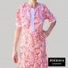 Robe tahitienne artisanale de couturière motifs feuillage  tropical rouge saumoné