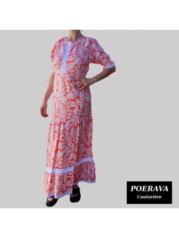 Robe tahitienne artisanale de couturière motifs feuillage  tropical rouge saumoné