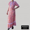 Robe tahitienne artisanale de couturière motifs feuillage  tropical rouge saumoné