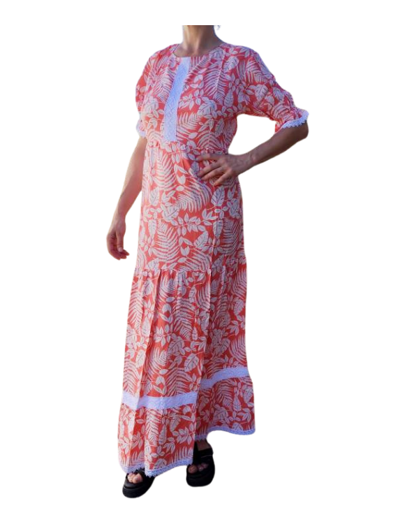 Robe tahitienne artisanale de couturière motifs feuillage  tropical rouge saumoné