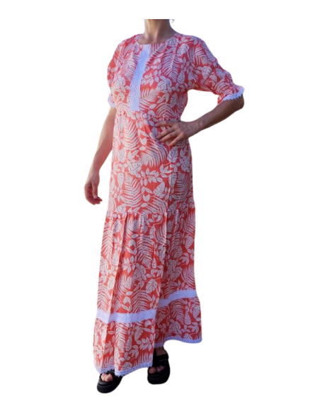 Robe tahitienne artisanale de couturière motifs feuillage  tropical rouge saumoné