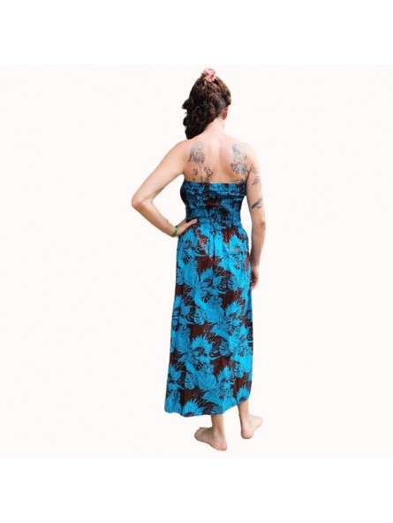 Robe bustier froncé motifs flore tropicale couleur chocolat turquoise