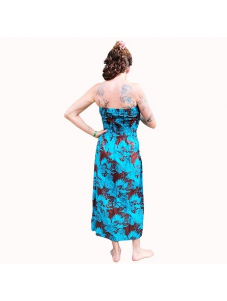 Robe bustier froncé motifs flore tropicale couleur chocolat turquoise