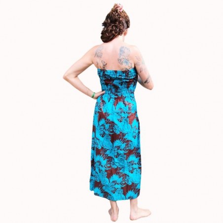 Robe bustier froncé motifs flore tropicale couleur chocolat turquoise