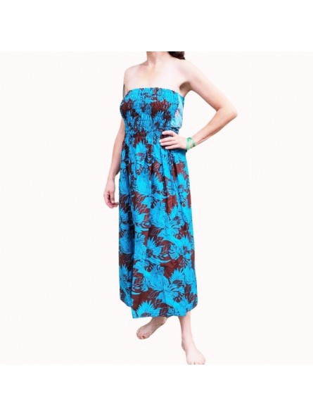 Robe bustier froncé motifs flore tropicale couleur chocolat turquoise