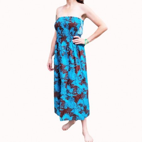 Robe bustier froncé motifs flore tropicale couleur chocolat turquoise