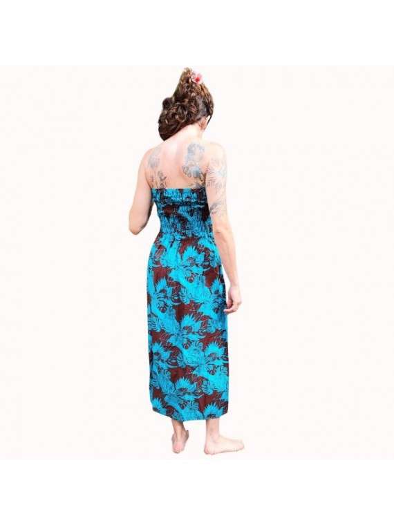Robe bustier froncé motifs flore tropicale couleur chocolat turquoise