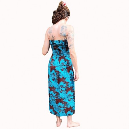Robe bustier froncé motifs flore tropicale couleur chocolat turquoise