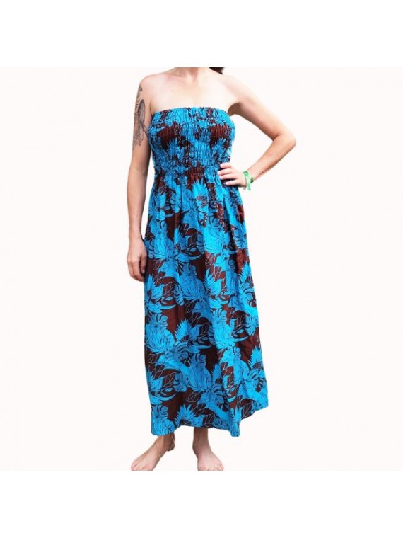Robe bustier froncé motifs flore tropicale couleur chocolat turquoise