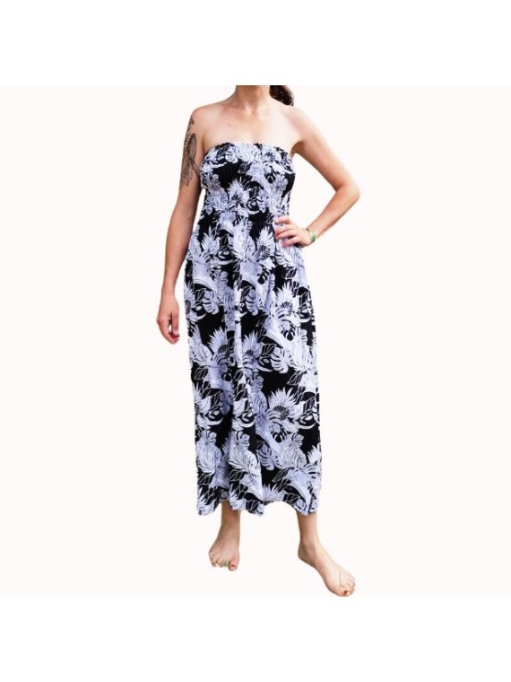 Robe bustier froncé motifs flore et feuillage tropicale couleur noir et blanc