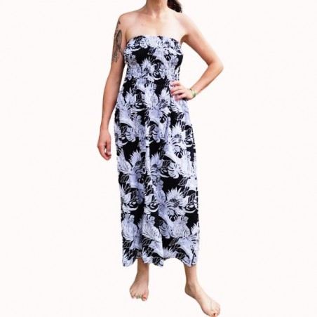 Robe bustier froncé chemin tropical noir et blanc