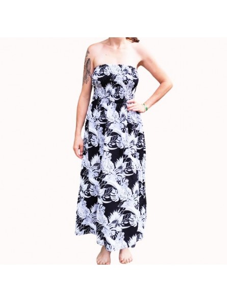 Robe bustier froncé motifs flore et feuillage tropicale couleur noir et blanc