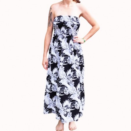 Robe bustier froncé motifs flore et feuillage tropicale couleur noir et blanc